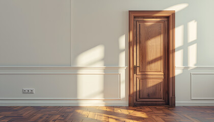 Beautiful walls and wooden door in spacious room during repair