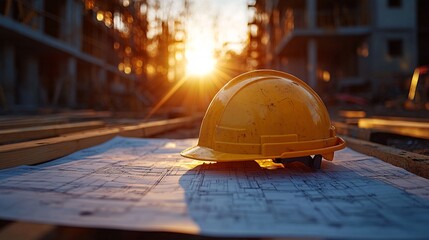 Yellow Hard Hat on Blueprint at Sunset