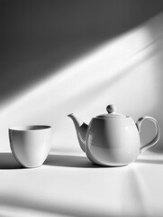 Aufkleber - A white tea kettle rests beside a matching cup on a table, both bathed in soft daylight, creating a serene atmosphere for tea enjoyment. Generative AI