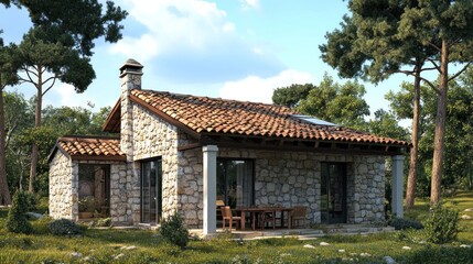 Wall Mural - Stone cottage with a tiled roof and a covered patio overlooking a grassy area with trees in the background.