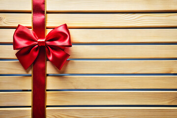 Red Satin Ribbon Bow on Wooden Surface