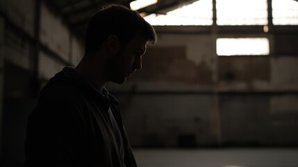 Wall Mural - Silhouetted Man in an Industrial Space: A moody portrayal of contemplation with shadows and muted tones, ideal for emotional themes.