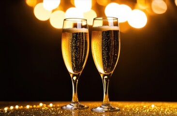 celebration toast with champagne and abstract bokeh glitter lights