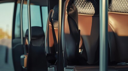 Poster - Interior of a modern vehicle showcasing brown leather seats, elegant design elements, perfect for automotive advertising and travel promotions.