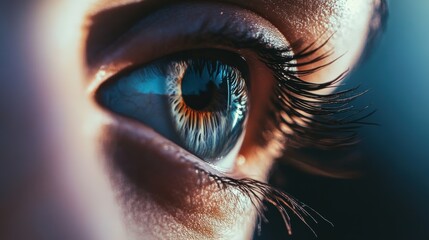 Wall Mural - Close-up Eye Photography: Captivating blue iris with long eyelashes against a soft focus background, ideal for beauty or nature projects.