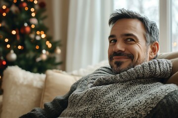 smiling man sitting on a sofa near the Christmas tree.