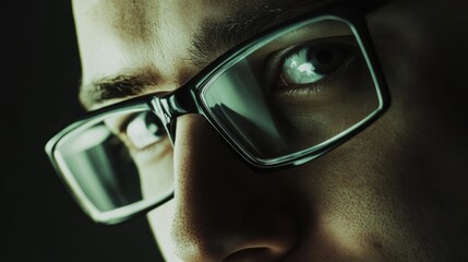 Sticker - Close-up of a man in glasses, highlighting intense gaze and reflections; ideal for tech or professional themes.