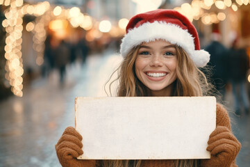 Wall Mural - Smiling girl in a Santa hat holding a blank sign at a festive outdoor market during the holiday season in a city street