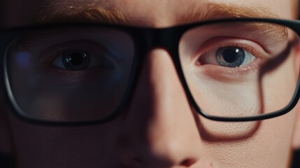 Wall Mural - Close-up Portrait: Intense gaze of a young person with glasses, showcasing detailed features and reflections, ideal for emotional or lifestyle themes.