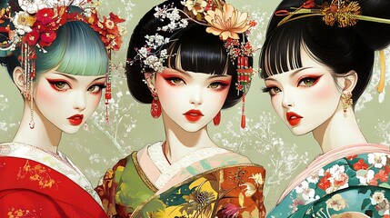 Wall Mural - Beautiful asian woman in traditional kimono with japanese kimono, traditional japanese clothing.