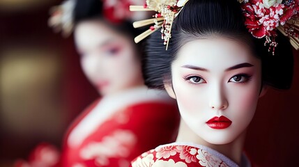 Canvas Print - Beautiful asian woman in traditional kimono with japanese kimono, traditional japanese clothing.