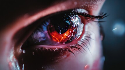 Poster - Close-up of an Eye: A striking image featuring a vivid, fiery iris and detailed eyelashes, ideal for artistic or emotional projects.