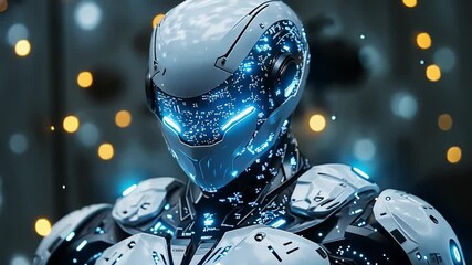 Poster - This futuristic robot stands in a peaceful forest, glowing softly and blending with nature. Exoskeleton