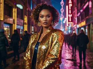 A fashion model wearing a glittery jacket stands in a vibrant urban New Year’s scene.