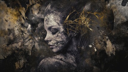 Poster - Abstract portrait with dark hues and golden elements; ideal for artistic projects and modern design themes.