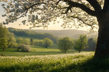 Wall Mural - Beautiful landscape with a green field and blue sky