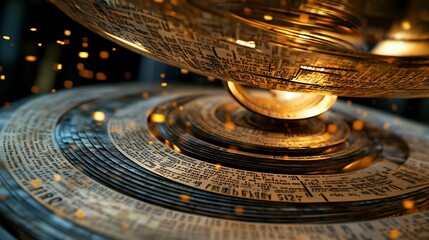 An abstract and futuristic close-up of a swirling, golden, metallic object with a circular pattern and an intricate script.