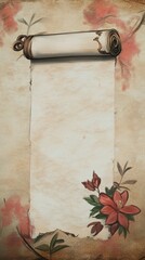 Poster - Vintage Scroll with Floral Decorations: An ornate parchment background featuring delicate flowers, perfect for invitations or announcements.