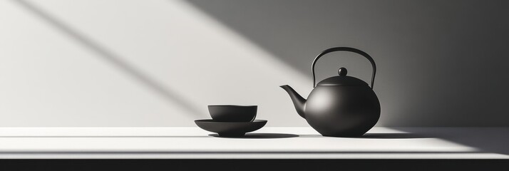 Aufkleber - A black tea kettle and matching cup rest on a white table, bathed in gentle afternoon light, inviting a moment of tranquility. Generative AI