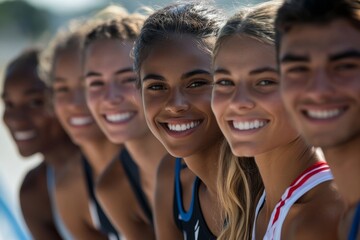 Group of winning US athletes with national flag, Generative AI