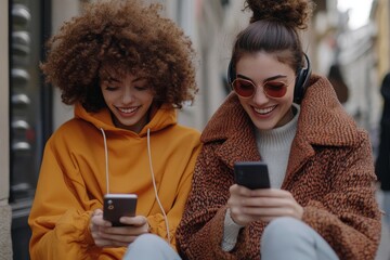 Two friends happily using smartphones and talking on the phone outdoors, Generative AI