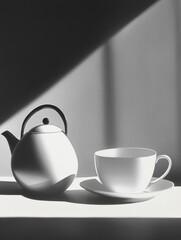 Leinwandbilder - A sleek tea kettle sits next to a delicate white cup on a smooth surface, bathed in soft morning light that creates a calming atmosphere. Generative AI