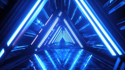 Canvas Print - Blue neon triangle shapes forming a tunnel-like illusion