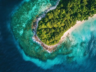 Aerial view of lush green island surrounded by turquoise ocean and coral reefs.