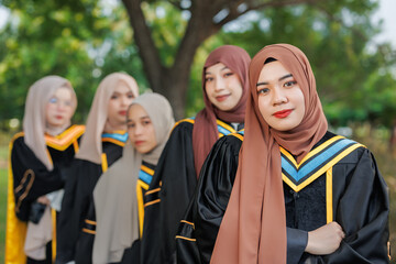 Group of Asian Muslim women Happy congratulation university outdoors. Arab hijab girls friend in bachelor college graduation school uniform.