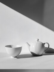 Fototapete - A sleek white tea kettle sits next to a minimalist cup on a table, bathed in soft afternoon light, creating a tranquil atmosphere. Generative AI