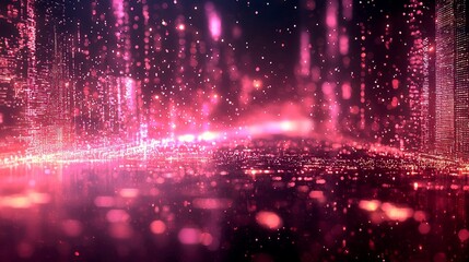 Wall Mural - a futuristic city skyline with glowing pink lights and particles.