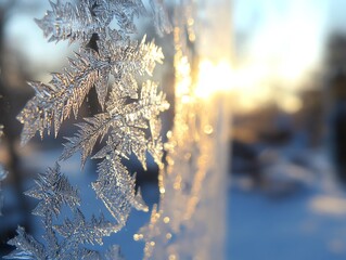 Sunlit frost crystals on window, capturing winter's beauty and chilly atmosphere at dawn.