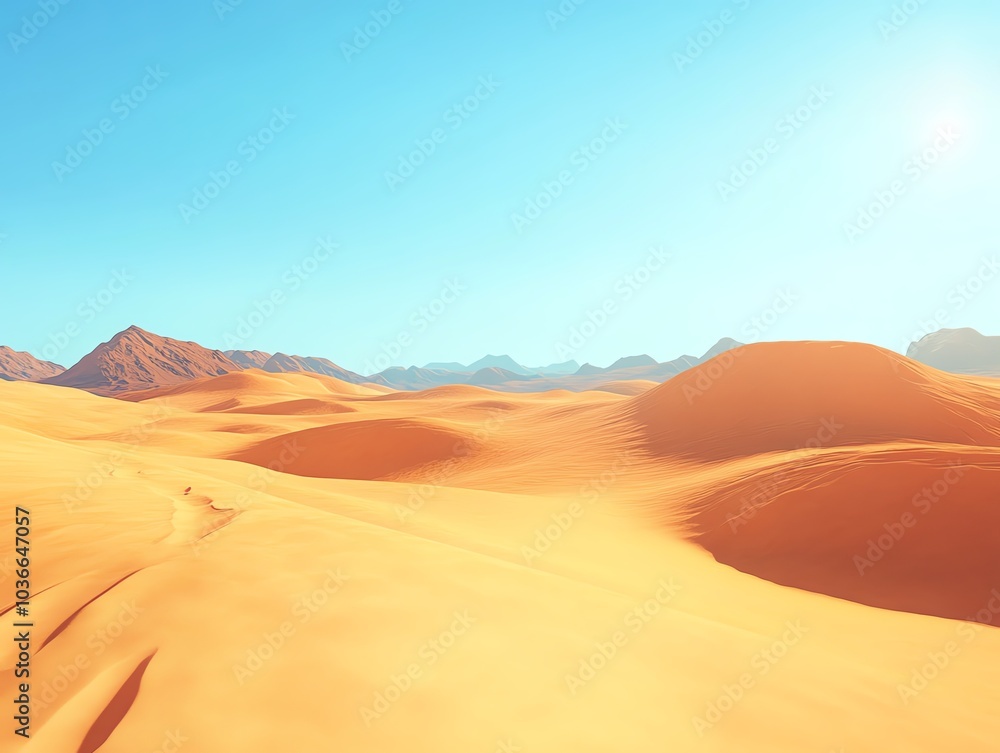 Vast desert sand dunes under a bright blue sky with distant mountains ...
