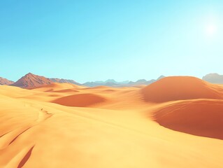 vast desert sand dunes under a bright blue sky with distant mountains.