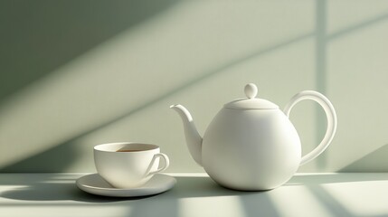 Aufkleber - Soft morning light illuminates a white tea kettle and cup set on a minimalist table, creating a calming atmosphere for tea time. Generative AI