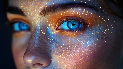 Wall Mural - Close-up of a Face Illuminated with Colorful Lights: A Vibrant Portrait of Expression and Light