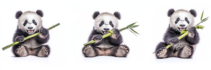 Wall Mural - Cuddly panda bear enjoying bamboo in a playful pose, set against a clean white background for a charming and whimsical presentation