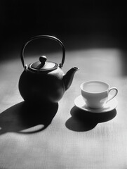 Aufkleber - A black teapot sits next to a white tea cup and saucer on a wooden table, bathed in soft, gentle lighting in a serene setting. Generative AI