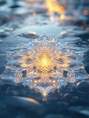 Delicate geometric shapes evoke a snowflake design, glowing softly amidst a tranquil winter environment at dusk. Generative AI