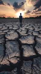 A man stands on cracked earth, gazing at a dramatic sunset, symbolizing climate change.