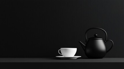 Poster - A stylish black tea kettle sits next to a white cup on a sleek shelf, creating a calming and elegant atmosphere for tea enjoyment. Generative AI