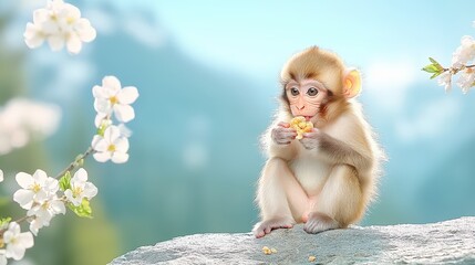 A close-up shot of a monkey sitting on a rock, nibbling on a piece of food with its tiny hands. The serene background features a calm forest, creating a peaceful ambiance.