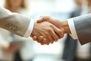 Successful business people shaking hands to a promotion in a professional office, Generative AI