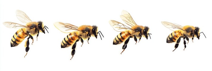 Wall Mural - Honeybee in flight with wings fully extended, isolated against a white background, showcasing intricate details and vibrant colors.