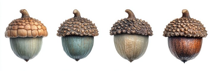 Wall Mural - Large acorn showcasing a textured cap, isolated against a white background, emphasizing its natural details and unique features.