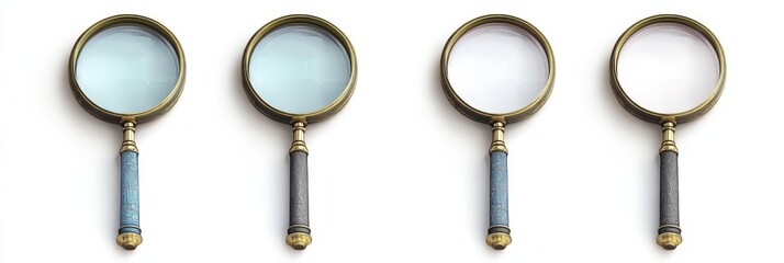 Wall Mural - Magnifying glass with clear lens, isolated on white background, ideal for reading fine print or examining small details.