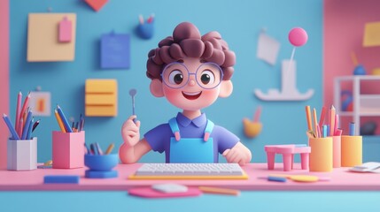 A cheerful cartoon child working at a colorful desk filled with art supplies and a computer.