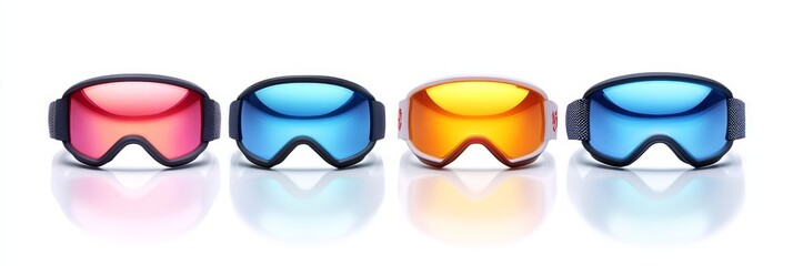 Wall Mural - Ski goggles reflecting a snowy landscape, isolated against a clean background, showcasing vibrant colors and sleek design.