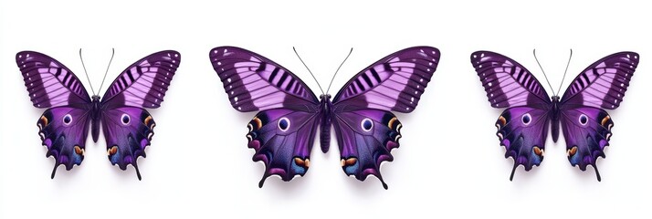 Wall Mural - Purple butterfly with open wings, gracefully isolated on a white background, showcasing vibrant colors and intricate wing patterns.