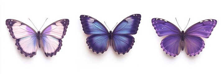 Wall Mural - Purple butterfly with open wings, isolated on a white background, showcasing vibrant colors and intricate wing patterns.
